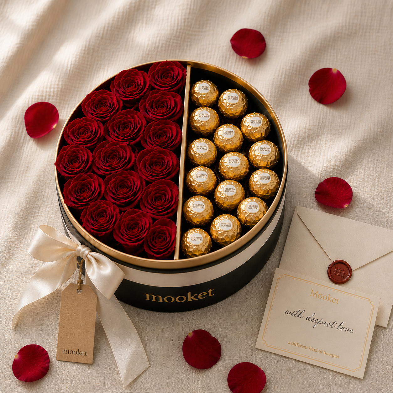 Round gift box with red roses and Ferrero Rocher chocolates, branded 'mooket', on a light fabric background.